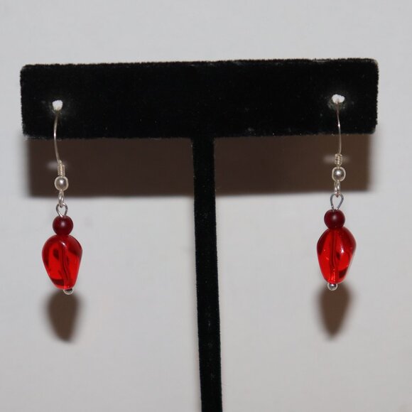 ❤️🌟 Silver & Red Glass Dangle Earrings · 1 3/8" · Ruby Radiance ✨ - Picture 1 of 6
